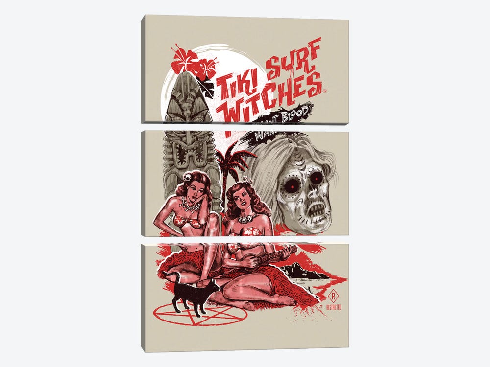 Tiki Surf Witches Want Blood by Steven Rhodes 3-piece Canvas Print