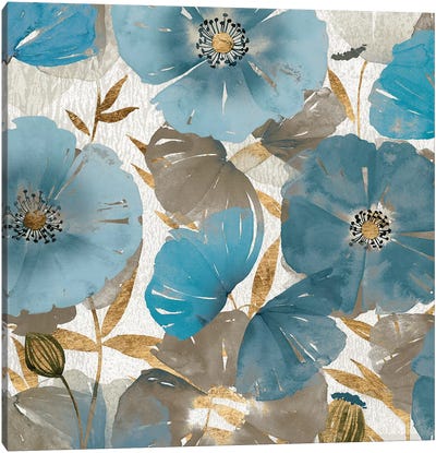 Blue and Gold Poppies II Canvas Art Print - Poppy Art