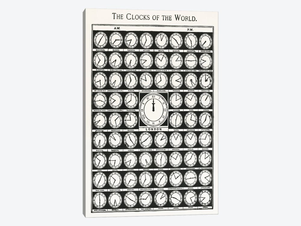 Clocks Of The World by Jay Stanley 1-piece Canvas Wall Art