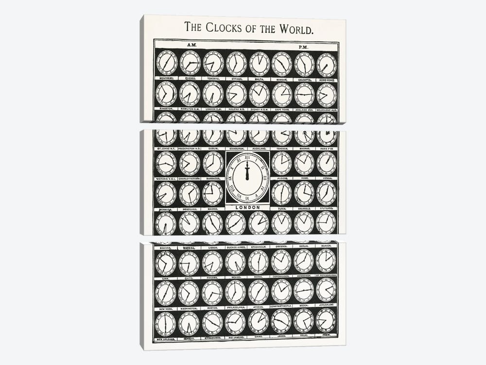 Clocks Of The World by Jay Stanley 3-piece Canvas Wall Art