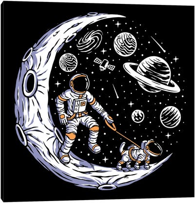 Doggie Moon Walks Canvas Art Print - Solar System Art