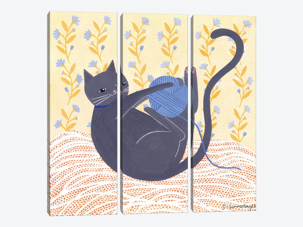 Cat With Wool by Sian Summerhayes 3-piece Canvas Wall Art