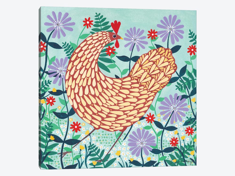 Brown Chicken Among Lilac Flowers by Sian Summerhayes 1-piece Art Print
