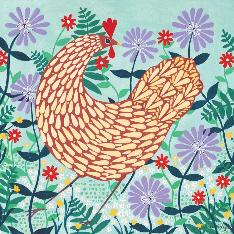 Brown Chicken Among Lilac Flowers