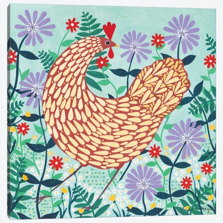 Brown Chicken Among Lilac Flowers Canvas Print #SUH13} by Sian Summerhayes Art Print