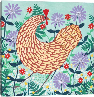 Brown Chicken Among Lilac Flowers Canvas Art Print - Sian Summerhayes