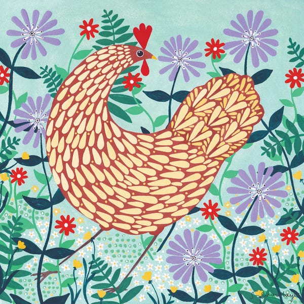 Chickens & Roosters: Brown Chicken Among Lilac Flowers by Sian Summerhayes