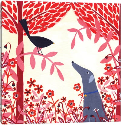 Autumn Greyhound And Blackbird Canvas Art Print - Sian Summerhayes