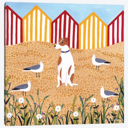 Terrier And Beach Huts Canvas Print #SUH43} by Sian Summerhayes Canvas Artwork