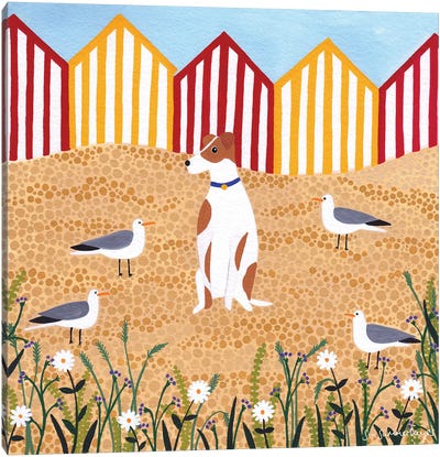 Terrier And Beach Huts Canvas Art Print - Sian Summerhayes