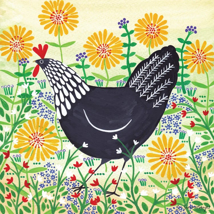 Black Hen Among Yellow Flowers