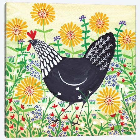Black Hen Among Yellow Flowers Canvas Print #SUH6} by Sian Summerhayes Canvas Wall Art