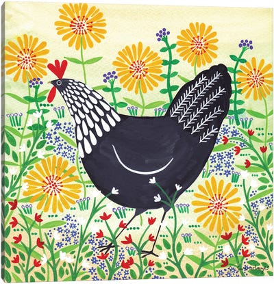 Black Hen Among Yellow Flowers Canvas Art Print - Global Folk
