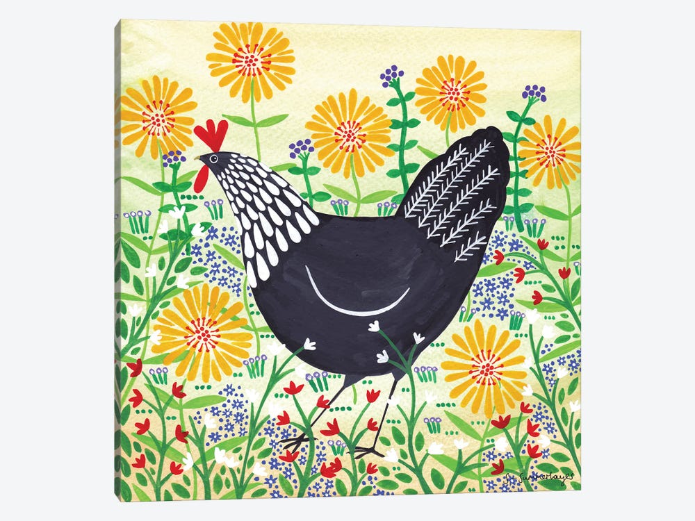 Black Hen Among Yellow Flowers by Sian Summerhayes 1-piece Canvas Artwork