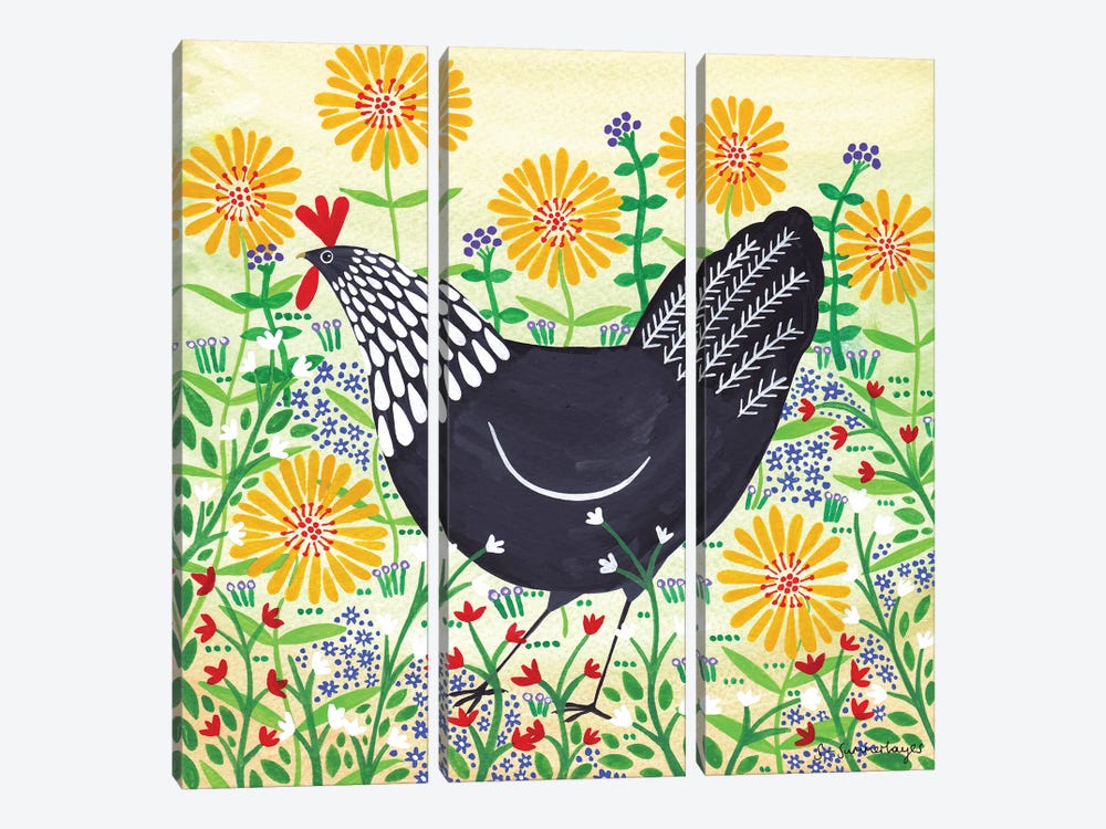 Black Hen Among Yellow Flowers by Sian Summerhayes 3-piece Canvas Wall Art