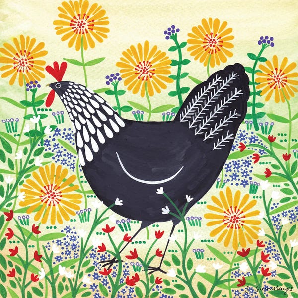 Global Folk: Black Hen Among Yellow Flowers by Sian Summerhayes