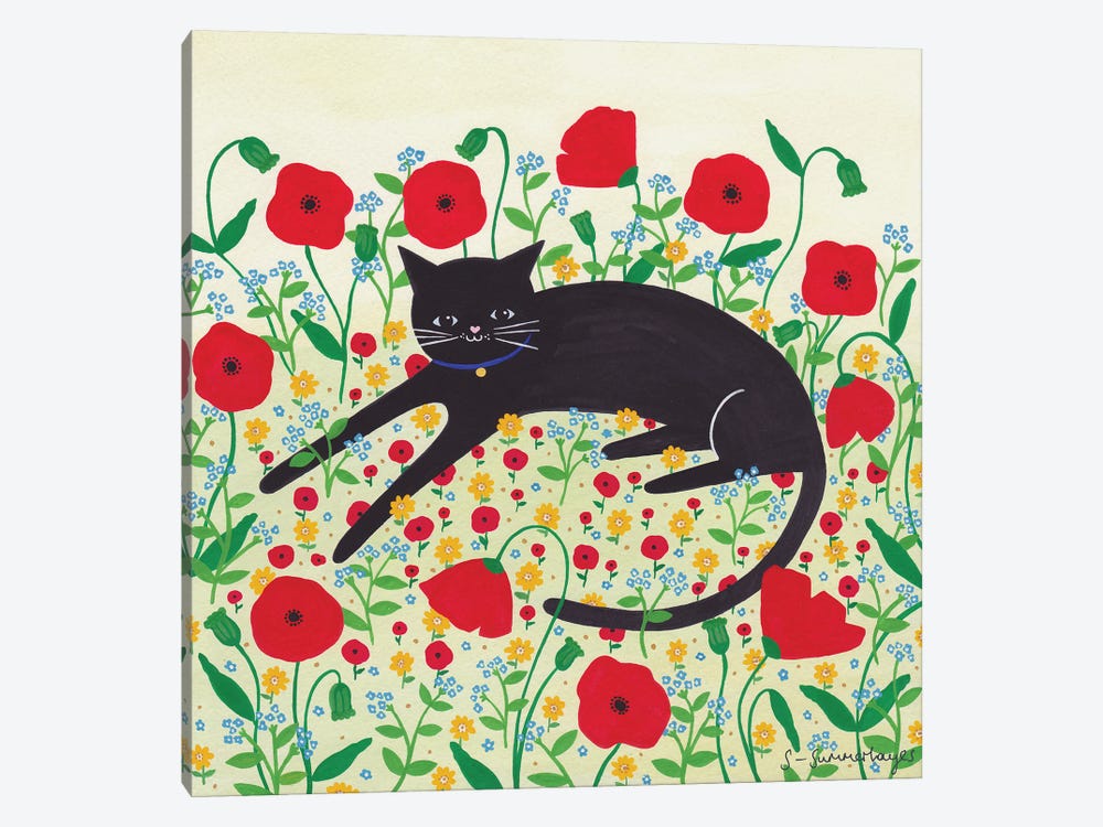 Cat With Poppies by Sian Summerhayes 1-piece Canvas Wall Art