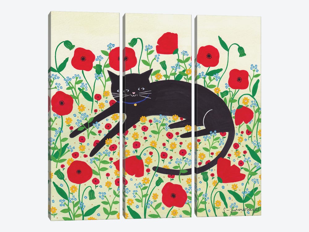 Cat With Poppies by Sian Summerhayes 3-piece Canvas Art