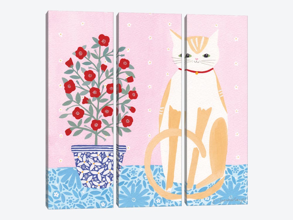 Cat With Pot Plant by Sian Summerhayes 3-piece Canvas Print