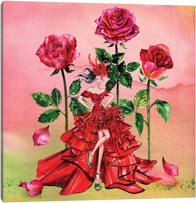 Giambattista Valli Red Dress Canvas Art Print - Floral Portrait Art