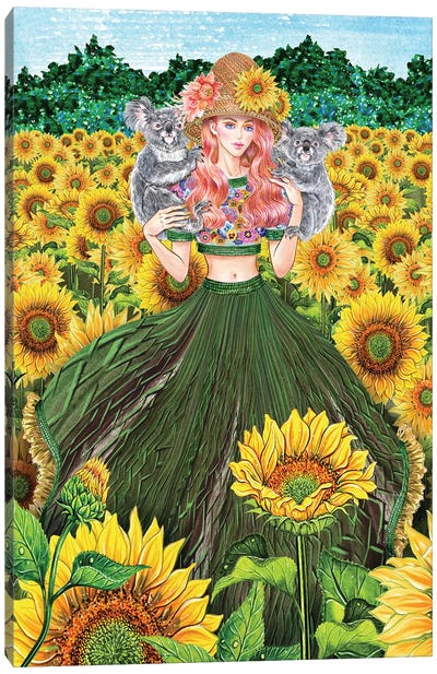 Koala Sunflower Field Green Dress Girl Canvas Art Print - Koala Art
