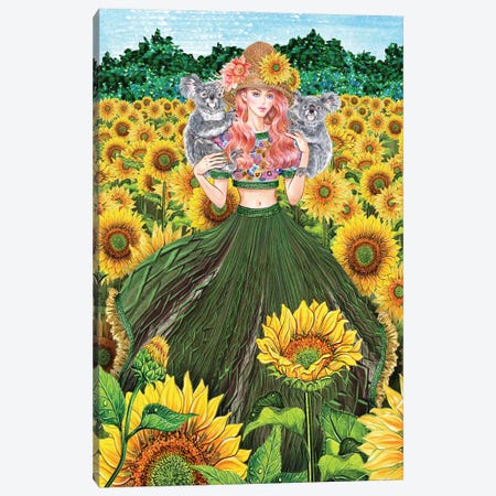 Koala Sunflower Field Green Dress Girl Canvas Print #SUN95} by Sunny Gu Canvas Art