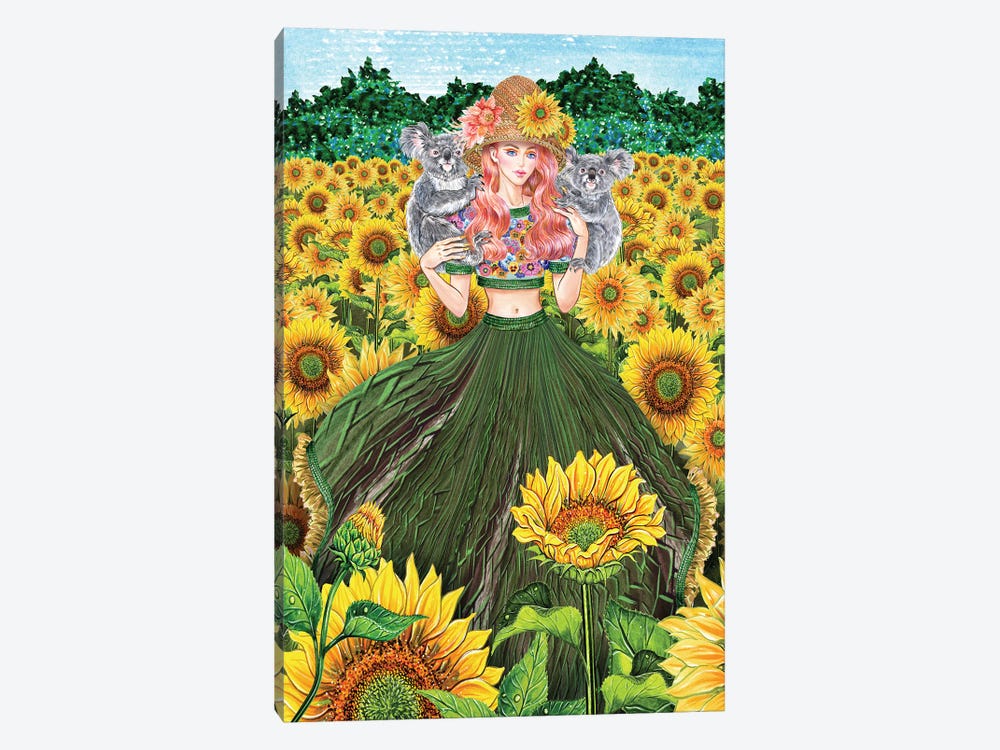 Koala Sunflower Field Green Dress Girl by Sunny Gu 1-piece Art Print