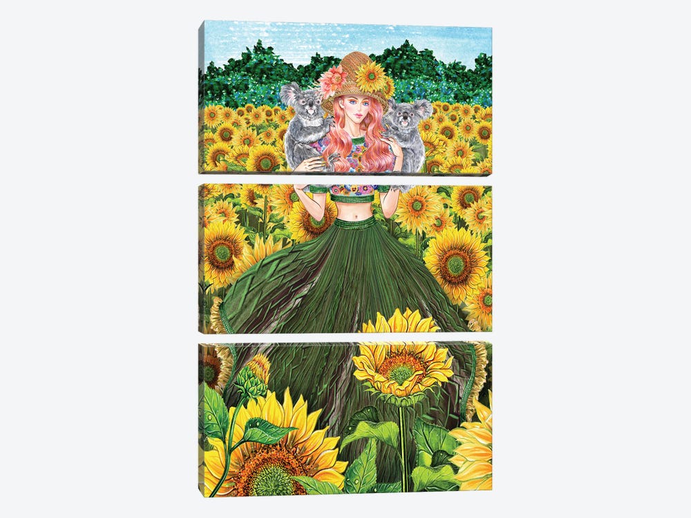 Koala Sunflower Field Green Dress Girl by Sunny Gu 3-piece Canvas Print