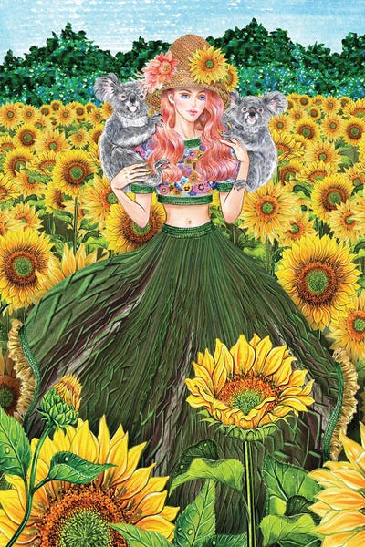 Sunny Gu: Koala Sunflower Field Green Dress Girl by Sunny Gu