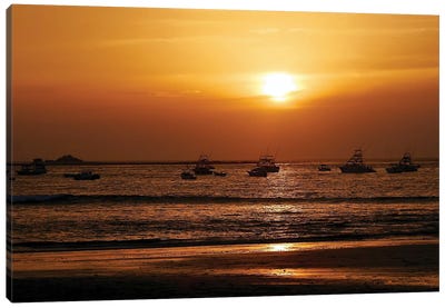 Boats On The Ocean At Sunset Canvas Art Print - Susan Vizvary