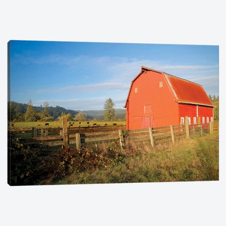 Red Barn With Cows II Canvas Print #SUV191} by Susan Vizvary Canvas Print