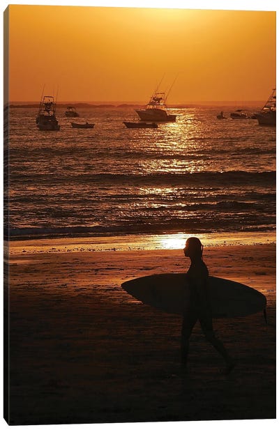 Surfer At Sunset Canvas Art Print - Sandy Beach Art