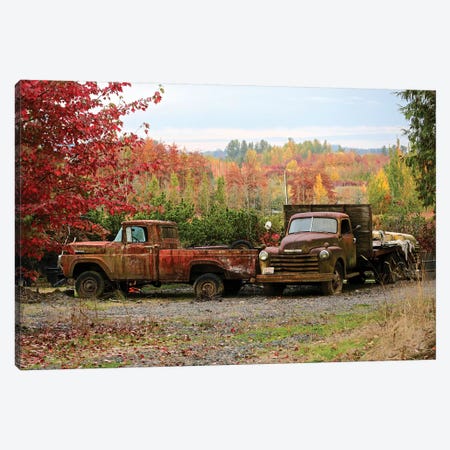 Two Autumn Vintage Trucks Canvas Print #SUV202} by Susan Vizvary Canvas Art Print