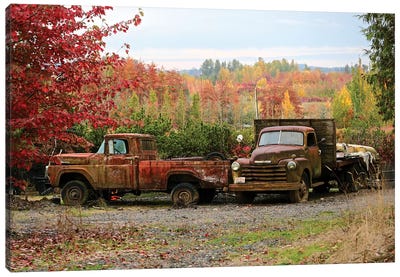 Two Autumn Vintage Trucks Canvas Art Print - Trucks