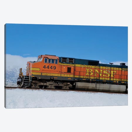 Orange Train In Snow Canvas Print #SUV257} by Susan Vizvary Canvas Art Print