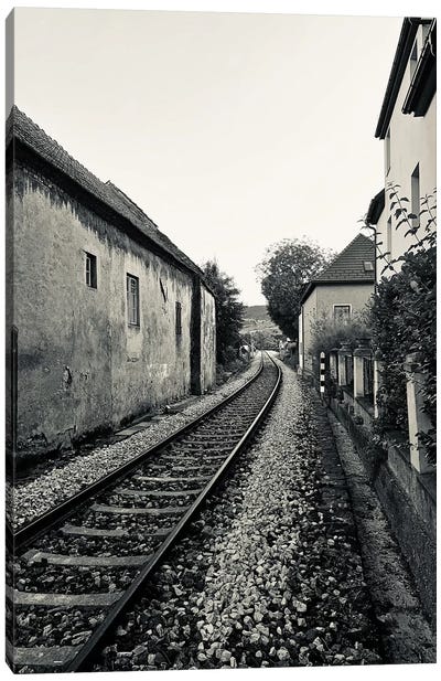 Train Tracks In Black And White Canvas Art Print - Industrial Art
