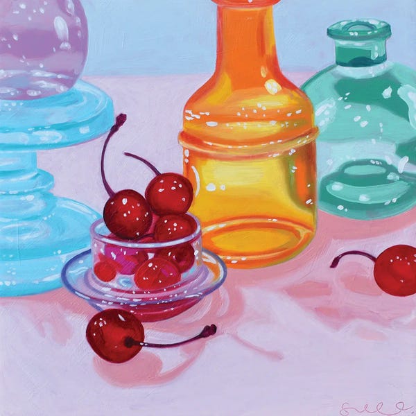 Sarah Underwood: Glass Bottles And Cherries by Sarah Underwood