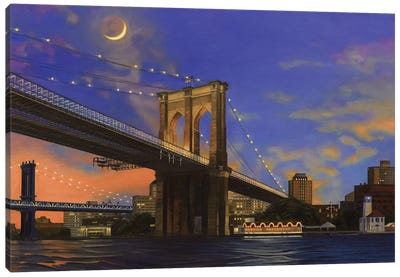 Moonrise Over The Brooklyn Bridge Canvas Art Print - Artistic Travels