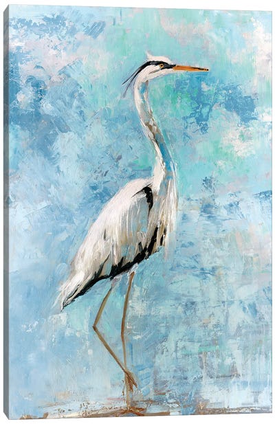 Hazy Morning Heron I Canvas Art Print - Blue & White Art