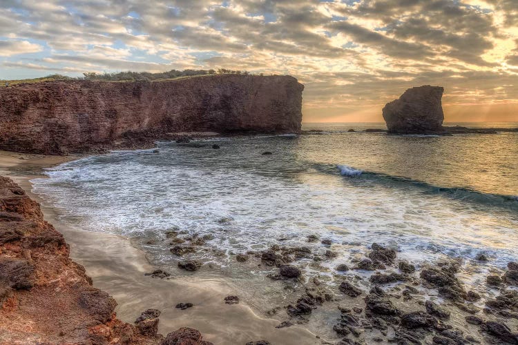 View from beach at Manele Bay of Puu Pehe at sunrise, South Shore of Lanai Island, Hawaii