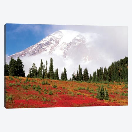 Fog-Covered Mount Rainier With An Autumn Landscape In The Foreground, Mount Rainier National Park, Washington, USA Canvas Print #SWE10} by Stuart Westmorland Canvas Art Print