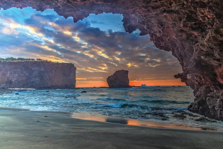 View from beach at Manele Bay of Puu Pehe at sunrise, South Shore of Lanai Island, Hawaii