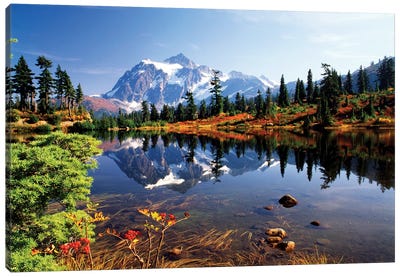 Mount Shuksan And Its Reflection In Picture Lake, North Cascades National Park, Washington, USA Canvas Art Print - Cascade Range Art