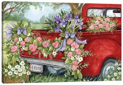 Garland Red Truck Canvas Art Print - Gardening Art