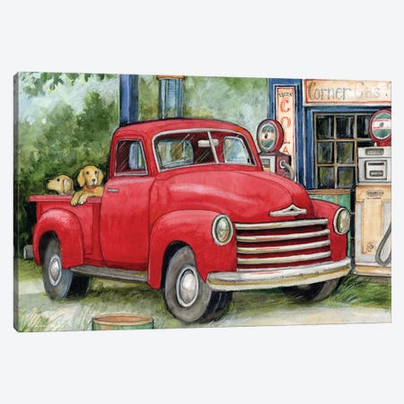 Gas Station Red Truck Canvas Print #SWG101} by Susan Winget Canvas Wall Art