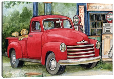 Gas Station Red Truck Canvas Art Print - Trucks