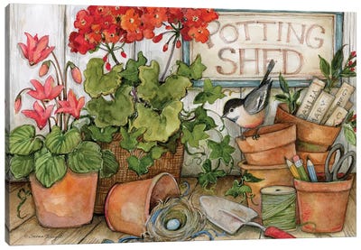 Geranium Potting Shed Canvas Art Print - Gardening Art