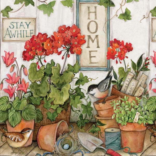 Susan Winget: Geranium Potting Shed-Vertical by Susan Winget