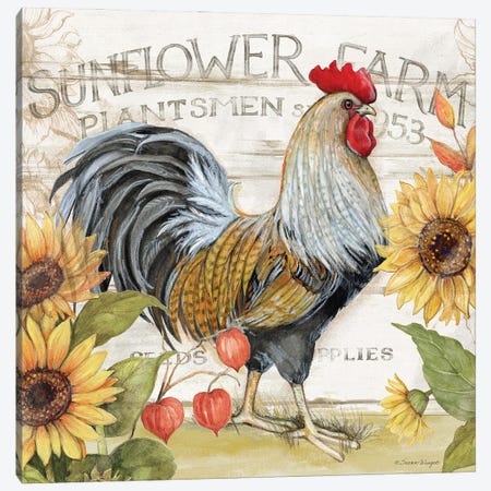 Grey And Brown Rooster Sunflowers Canvas Print #SWG117} by Susan Winget Canvas Wall Art