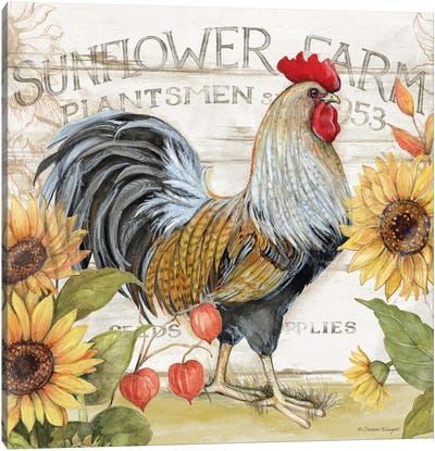 Grey And Brown Rooster Sunflowers Canvas Art Print - Chicken & Rooster Art